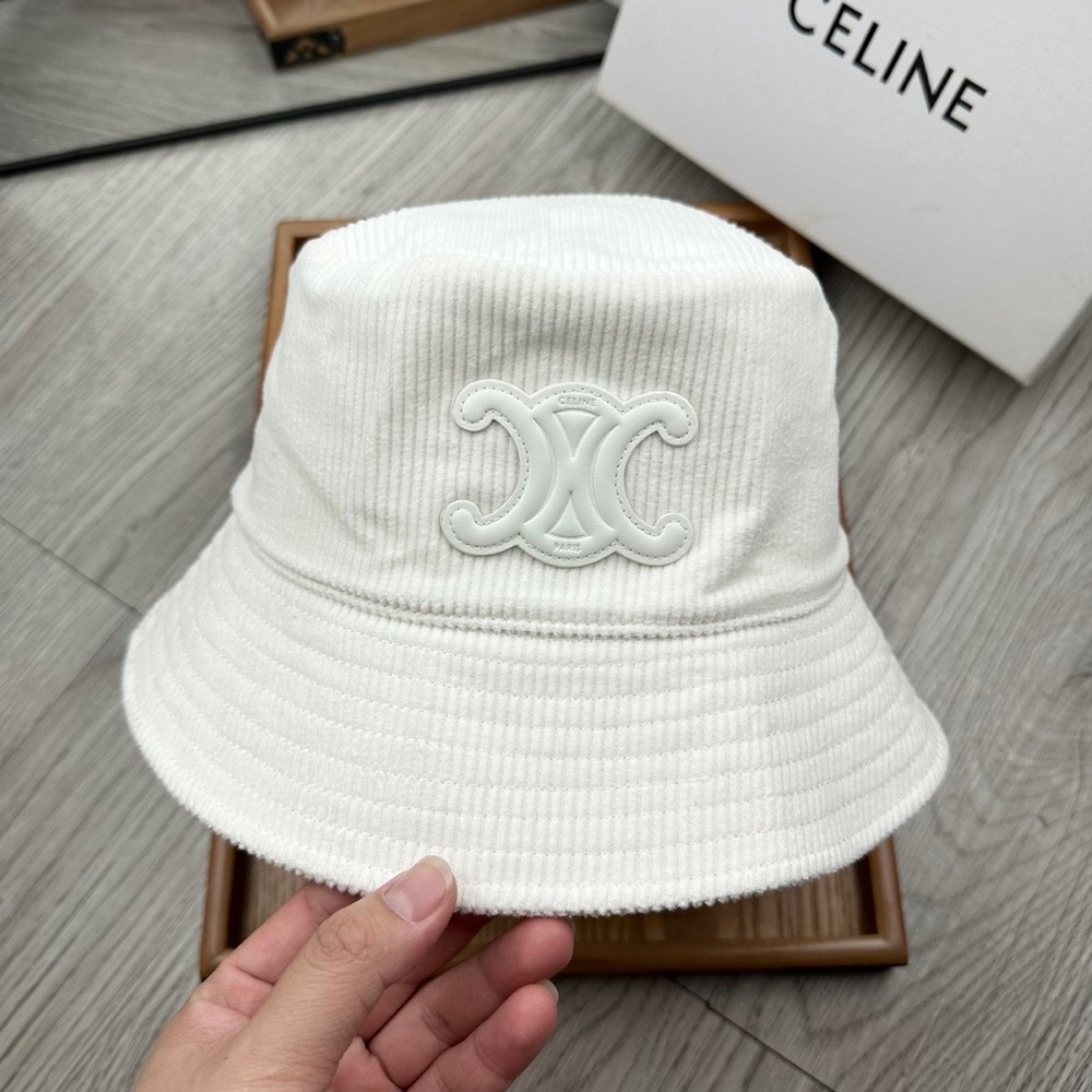 CELINE White Corduroy Bucket Hat Triomphe Patch